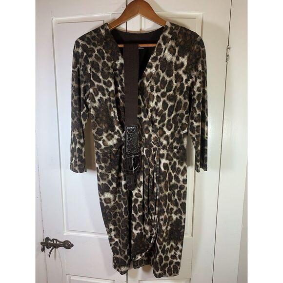 Oleg Cassini Animal Print Cocktail Event Dress Medium Belted‎ Faux Wrap Mini Mob - Picture 2 of 13